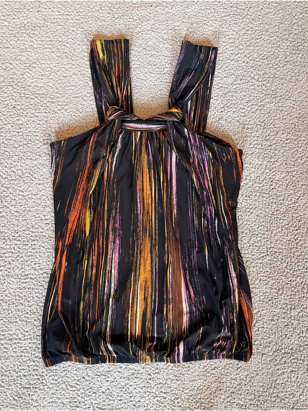 00s Abstract Stripe Knot Detail Sleeveless Bubble Hem Top Black Orange Purple XS
